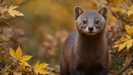 a wolverine looking into the camera in autumn forest foliages