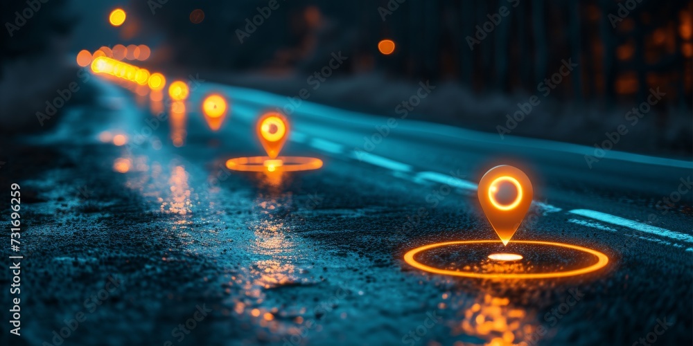 Poster Digital Navigation Pins Illuminate a Wet Road at Night, Mapping the Way Forward, Generative AI