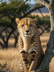 AI generated illustration of a beautiful cheetah looking for a comfortable spot to rest