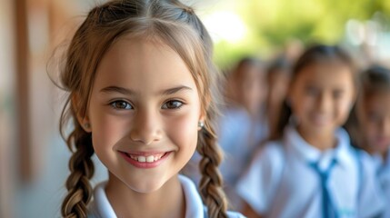 portrait of a child, happy young group of kids on school background and white and blue shirts, girl in front