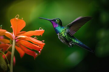 Fototapeta premium AI generated illustration of a vibrant hummingbird is captured in flight near an orange flower