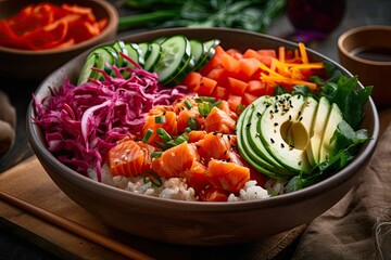 AI generated illustration of a delicious fresh poke bowl, with rice, avocado, and salmon