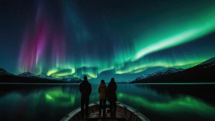 three people looking at the aurora bore from a boat on a lake