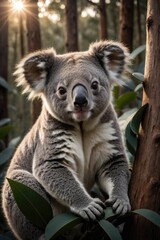 a koala bear is sitting on a tree limb in a forest