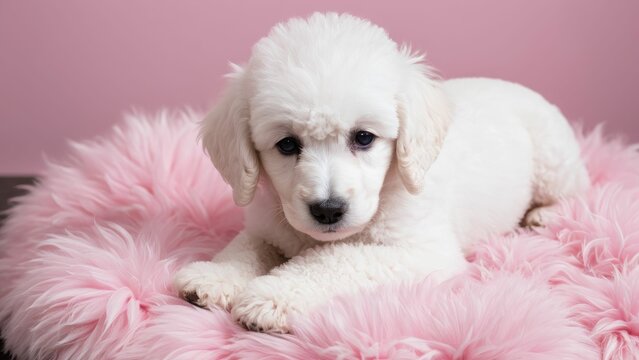 White poodle on a fluffy pink pillow, AI-generated.