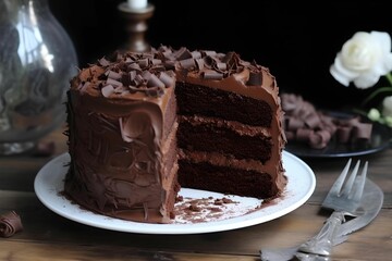 AI generated illustration of a freshly cut, round chocolate cake on a white plate