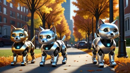 An AI illustration of An AI illustration of three robotic cats on the street outside a building with - obrazy, fototapety, plakaty