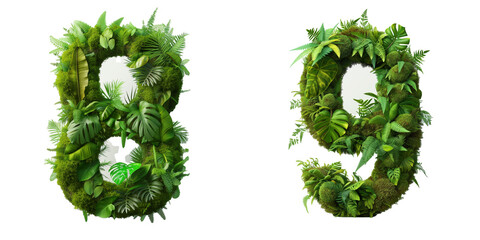 Numbers 8 and 9 made of the vibrant green ecosystem of moss, ferns, and monstera plants.