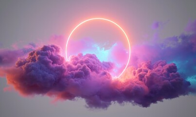 3d render, abstract geometric background, ring shape glows with neon light inside the soft colorful cloud, fantasy sky with blank linear round frame, Generative AI - obrazy, fototapety, plakaty