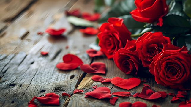 Red roses flower Nature beautiful flowers from the garden and heart petals of red rose flowers on a wooden table, Valentine's Day Concept, AI-generated
