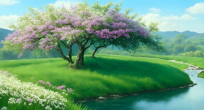 the image of a tree is surrounded by flowers and grass