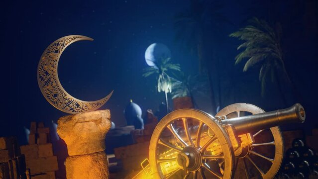 3d Modeled Animated Scene Of Ramadan Classic Featuring Medieval Cannon, Lanterns And Crescent In Desert.