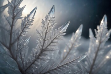 a close up of frost covered plants in the snow on a clear day