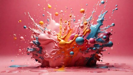 Flying liquid, an explosion of colors on a pink background, multi-colored drops. Abstraction