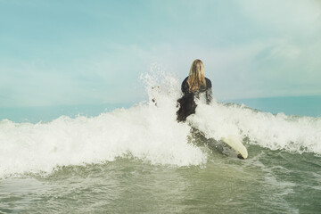 Ocean, wave and splash with surfer woman in wetsuit for sports, fitness or exercise in summer from back. Blue sky, sea and surfing with person on surfboard in water for travel, vacation or holiday