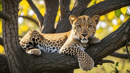 AI generated illustration of a leopard cub on a tree
