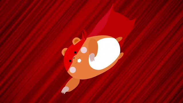 Flying hamster on red background. Animation of flying object. Different versions in my portfolio: red and blue background, another angle and central object. Looped animation