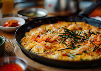 Haemul Pajeon Seafood Pancake, Korean cuisine, angle view, ultra realistic food photography