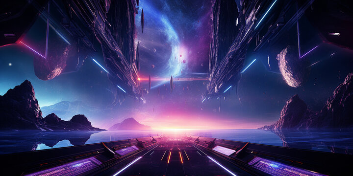 A close up of a futuristic sci fi style scene with a mountain range in the background generative , 
