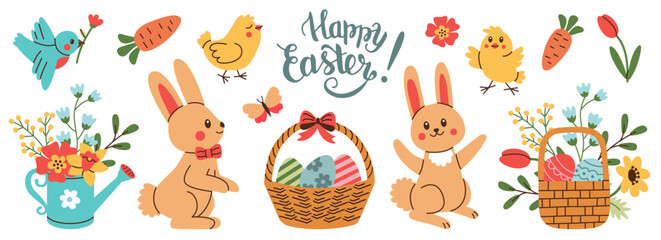 Set of Easter and Spring design elements. Rabbit, eggs, chicken, butterfly, tulips, flowers, branches, basket.