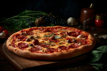 AI generated illustration of a delicious pizza with variety of toppings, including herbs and spices