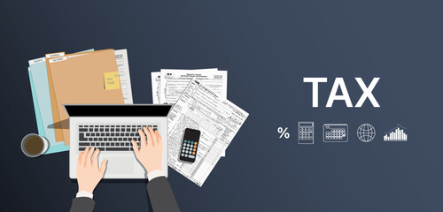 Concept tax payment. Data analysis, paperwork, financial research report and calculation of tax return. tax background vector. - obrazy, fototapety, plakaty
