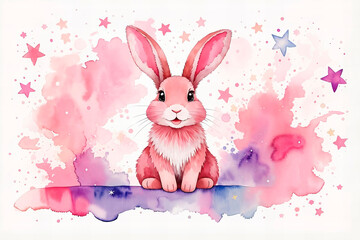 Cartoon water color pink rabbit, easter rabbit