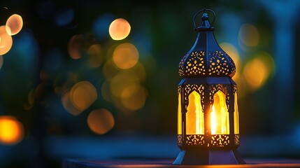 Traditional Arabic lantern lit up for celebrating holy month of Ramadan. Bokeh lights surrounding Ramadan concept