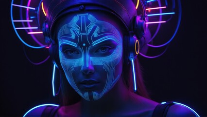 AI generated illustration of a cybernetic female DJ in neon lights