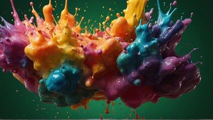 Abstract sculptures made from colorful splashes of paint. Dancing liquid on a green background. - obrazy, fototapety, plakaty