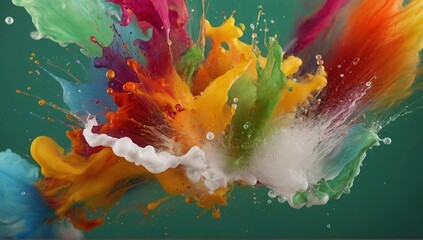 Abstract sculptures made from colorful splashes of paint. Dancing liquid on a green background.