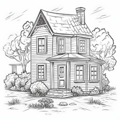 AI generated illustration of a family-friendly coloring page featuring a small house