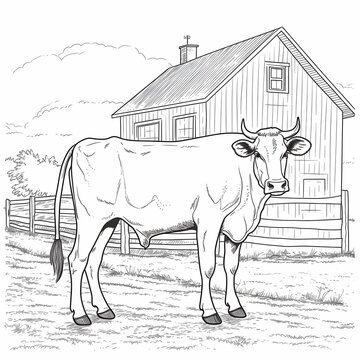 AI generated illustration of a coloring book style design of a cow in front of a barn