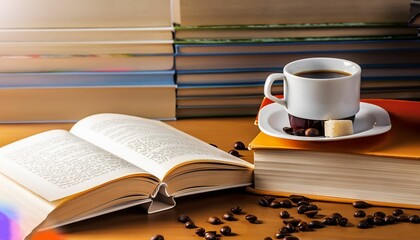 Naklejka premium AI generated cup of coffee near books