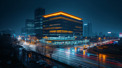 Obraz premium double exposure effect on uptown buildings and night traffic, long exposure (5)