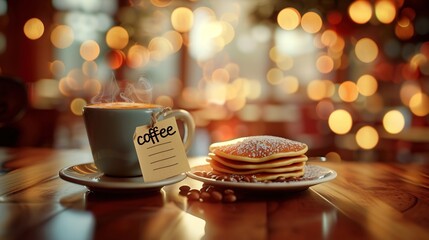 cup of fresh coffee with a tag on a wooden table, in retro style. Morning coffee with pancakes