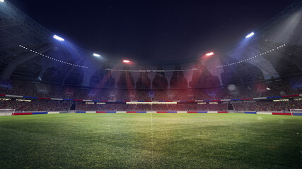 Empty soccer stadium with spotlight and fan tribune with France flag attributes. 3D render....