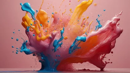 Foto op Canvas Abstract sculptures made from colorful splashes of paint. Dancing liquid on a pink background. © mischenko