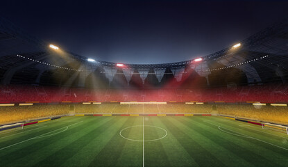 Empty soccer filed, stadium with spotlight and fan tribune. Germany flag attributes. 3D render. German football team. Concept of live sport events, tournament, championship, game