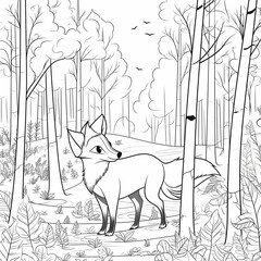 AI generated illustration of a black and white coloring book page of a fox in a forest