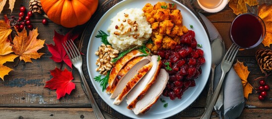Thanksgiving plate with traditional fixings.