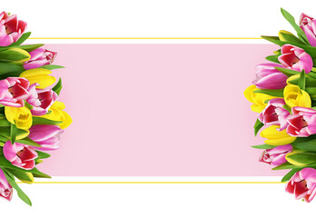 Fototapeta na wymiar Yellow and pink tulip flowers with pink place for text in a floral frame isolated on white or transparent background