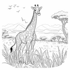 AI generated illustration of a black and white coloring book page of a giraffe in a forest