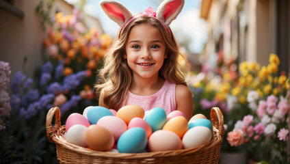 Fototapeta na wymiar Little Girl with Easter Bunny Ears Holding a Basket of Colorful Eggs 
