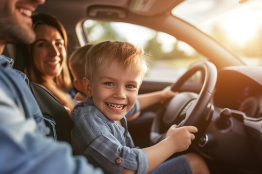 Young beautiful family with little boy having fun and smiling while driving in the car