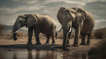 AI-generated illustration of two African elephants standing peacefully on a bank of a river.