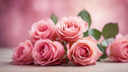 Bouquet of pink roses on a wooden background