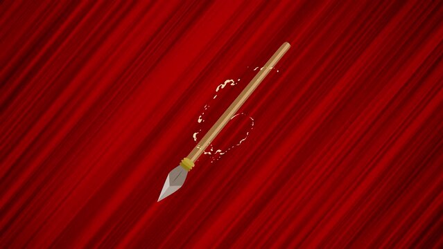 Flying spear on red background. Looped animation of athletics javelin throw. Moving spear on dynamic abstract background. Animated lance in motion. Anime style drawing of weapon with action effect.