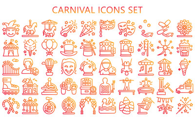 PrintCarnival gradient outline icon set. contain carousel, confetti, mask, magician hat, fireworks and more. best for UI or UX kit, web and app development. vector EPS 10.