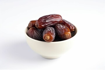 AI generated illustration of a white ceramic bowl filled with ripe dates on a white background